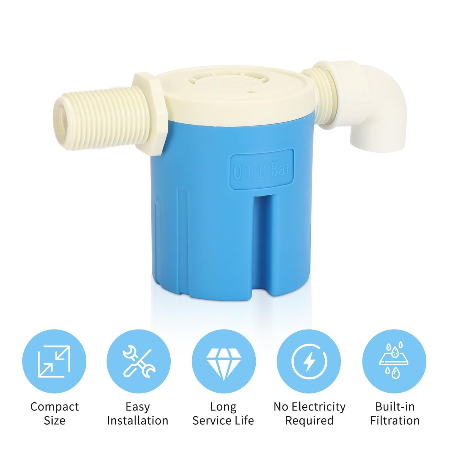 1" Side Inlet Water Float Valve, Automatic Water Level Controller - Large Flow, Plastic, for Large Water Tank, Pond, Livestock Trough