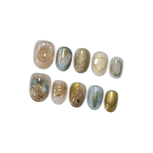 Hantyer Golden Ombre Press on Nails with 3D Glitter Flakes & Gold Foil, Short Oval Glossy Soft Glam Fake Nails, Reusable Elegant False Nails for Women Fall Winter Season Party, Size M