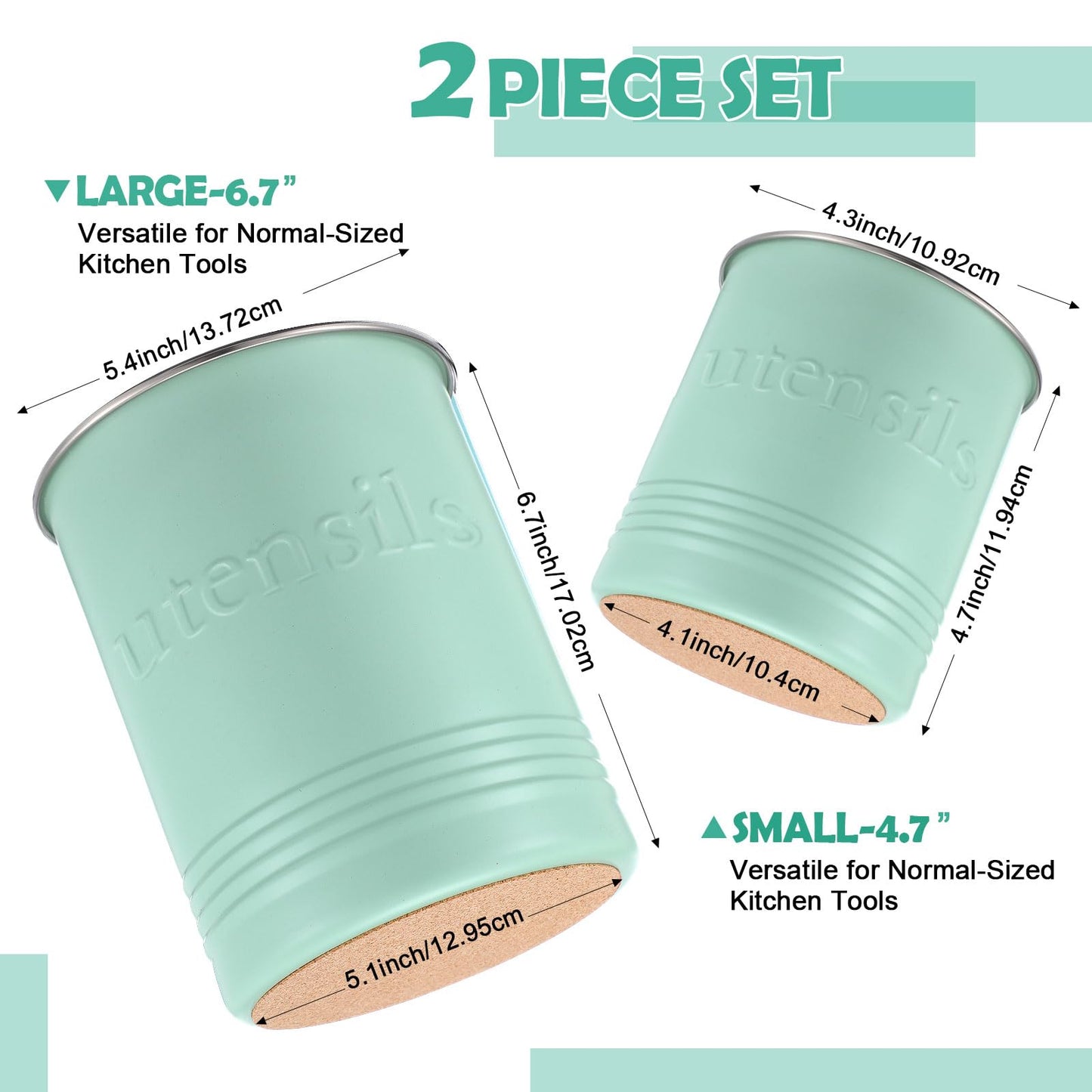 FoldTier 2 Pack Kitchen Utensil Holder for Counter 6.7"+4.7" Farmhouse Cooking Utensil Crock with Cork Bottom Modern Farmhouse Decors Countertop Storage Organizer Caddy Housewarming Gift(Sage Green)