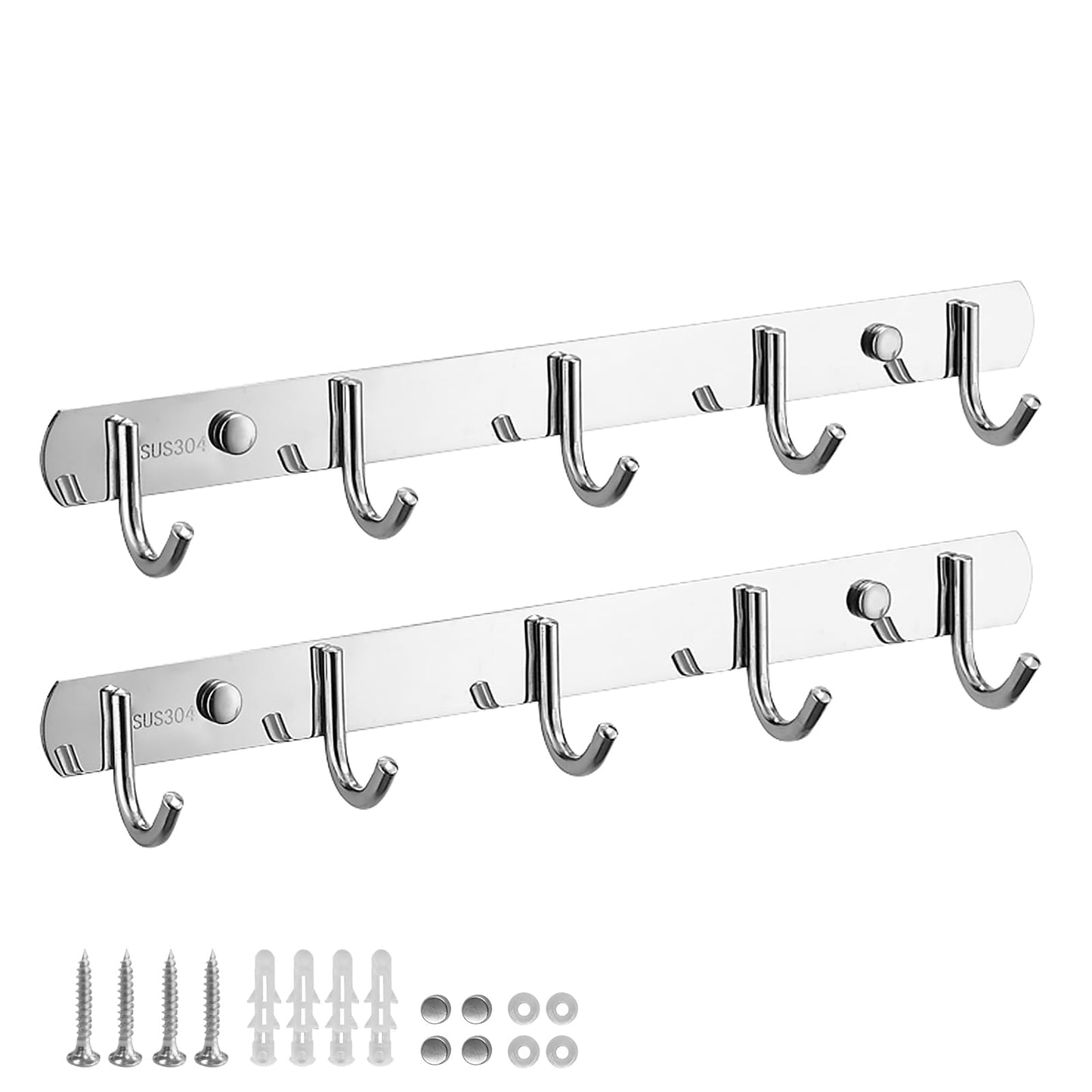 TooCust Wall Hooks for Hanging, Silver Coat Rack Wall Mount with 5 Coat Hooks 14.5", 304 Stainless Steel,Towel Hanger, Hat Hooks, Robes Hook in Bathroom, Bedroom, Kitchen, Living Room (2 Pack)