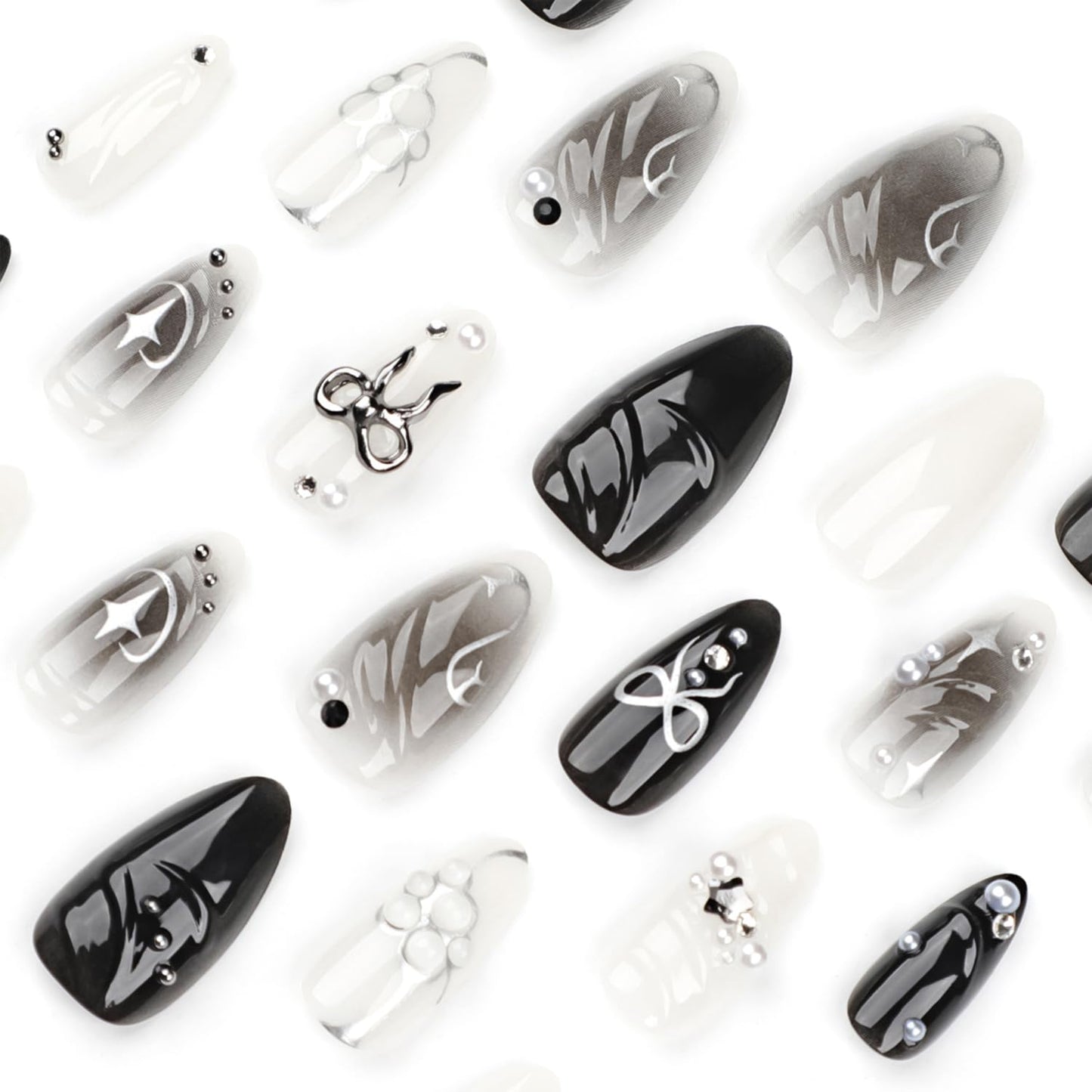 24PCS Black Press on Nails Medium Almond Fake Nails with 3D Alloy Bow Pearl Design Silver Shining Star Full Cover False Nails Water Drops French Tips Cute Stick on Nails Acrylic Fingernails for Women