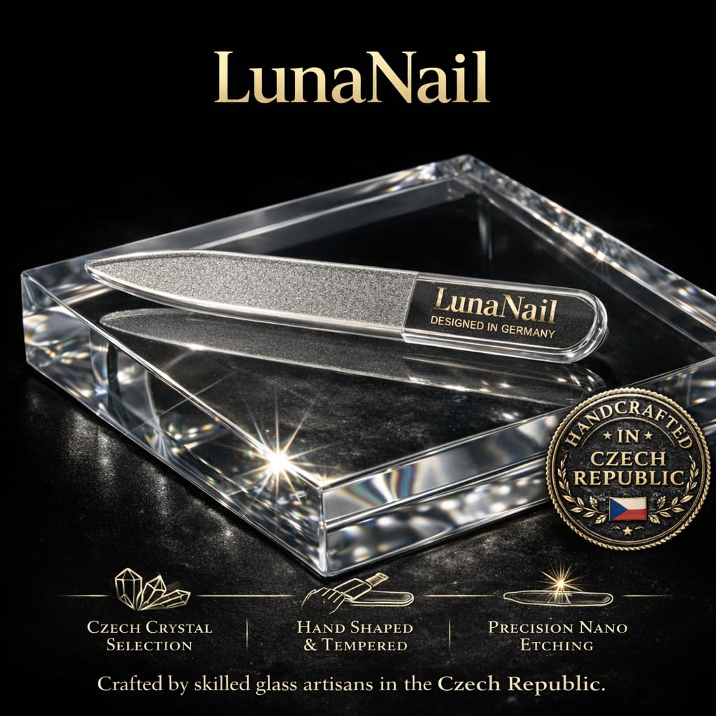 LunaNail Nano Czech Glass Nail File & Buffer 2-in-1, Velvet Case, Crystal Polisher, Mirror-Shine, Keratin-Sealing, Travel Friendly
