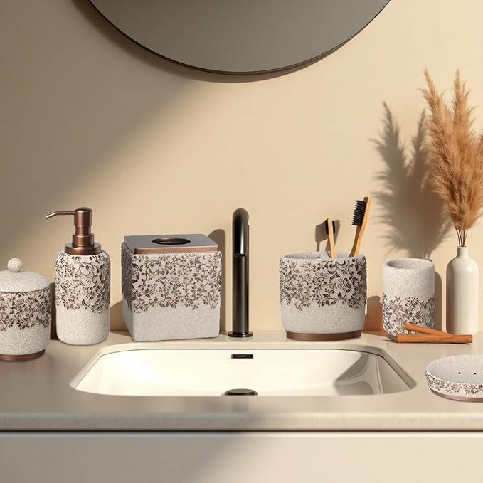 Decozen Bathroom Accessories Set - 6-Piece Modern Bathroom Decor, Countertop Essentials with Soap Dispenser - Birthday Gifts, Beige