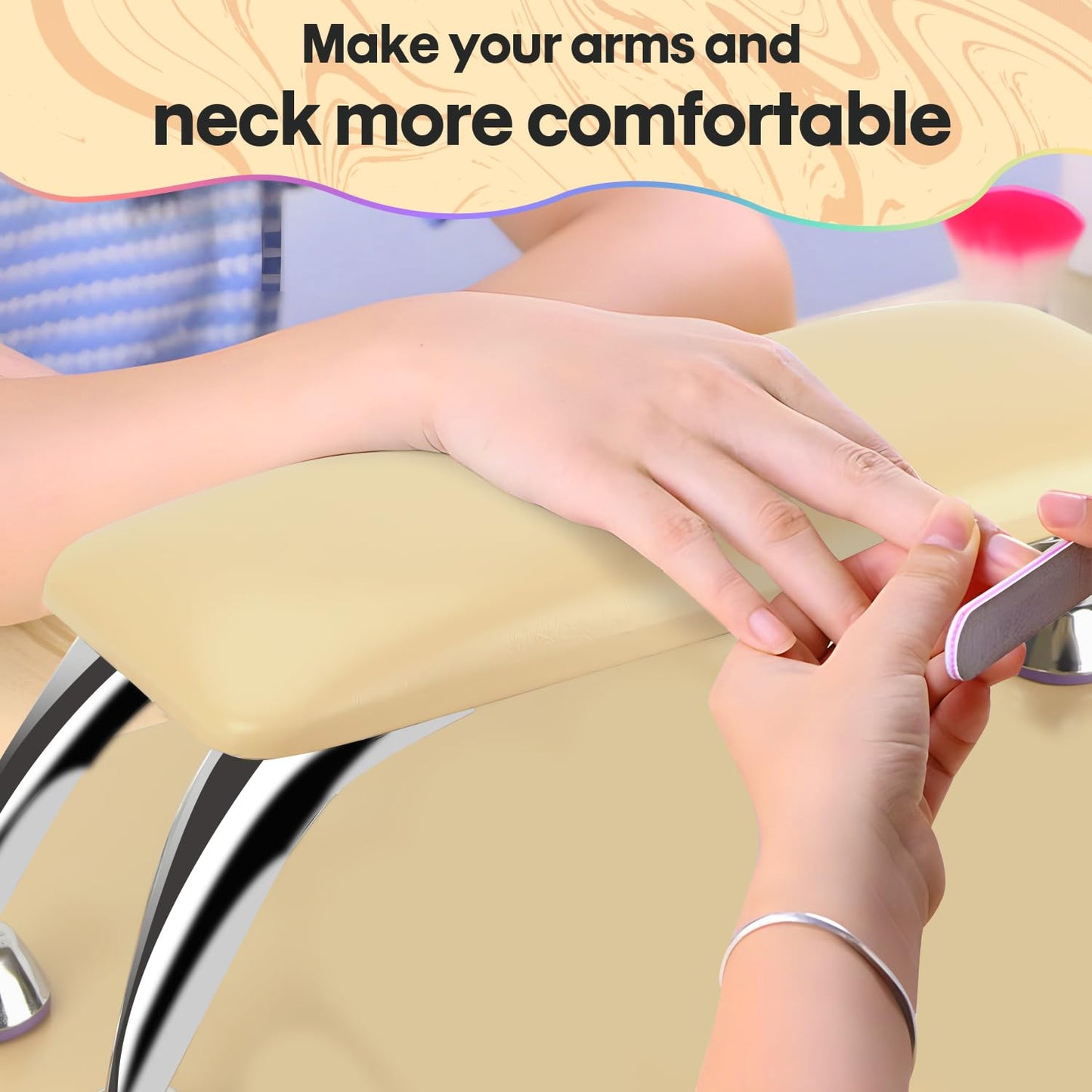 Arm Rest for Nails Tech with Table Mat for Salons and Home Manicures, Soft Microfiber Leather Nail Hand Rest for Relaxing Arms, Non-slip Height Hand Pillow Cushion Nail Salon Manicure (Beige)