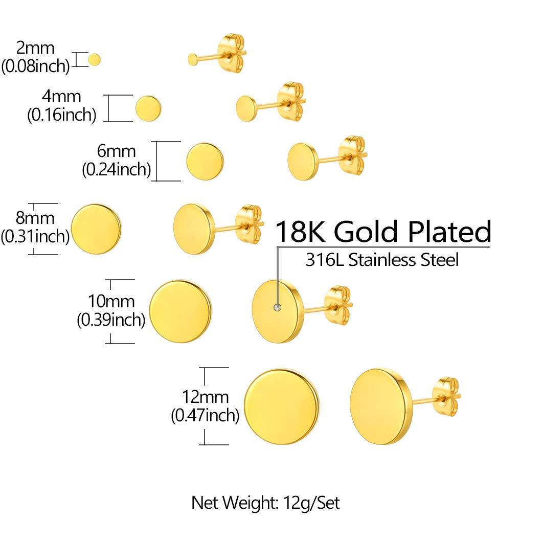 Round Earrings Set for Men Women Cartilage Ear Piercing Plugs Earring Stud 18K Gold Plated Fashion Jewelry