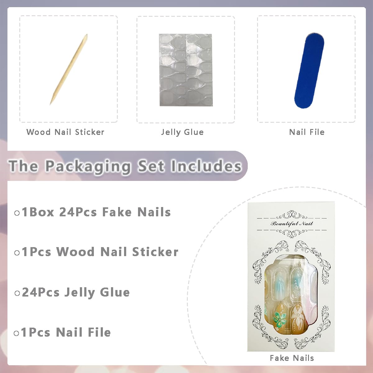 24Pcs Summer Press on Nails Medium Almond Fake Nails French Tip False Nails with Flower Butterfly Design Glossy Blue Gradient Acrylic Nails Beach Stick on Nails 3D Water Ripple Glue on Nails for Women