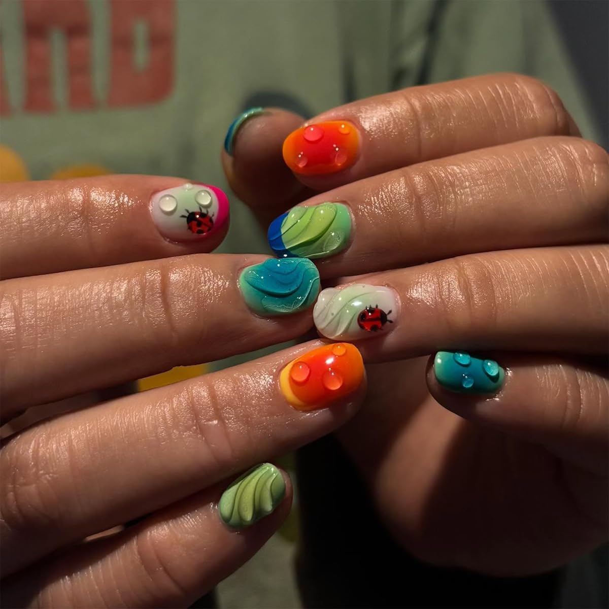 plalely Press on Nails Short Square Colorful Acrylic Fake Nail with 3D Water Drop and Ladybug Designs Short Press on Nails for Women 24pcs