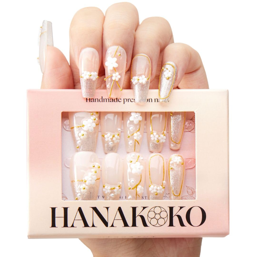 Hanakoko Handmade Press-On Nails, Floral Designs with Glitter and Pearls, Coffin Shape Press-on Nails Reusable 10 Pcs (French Spring, M)