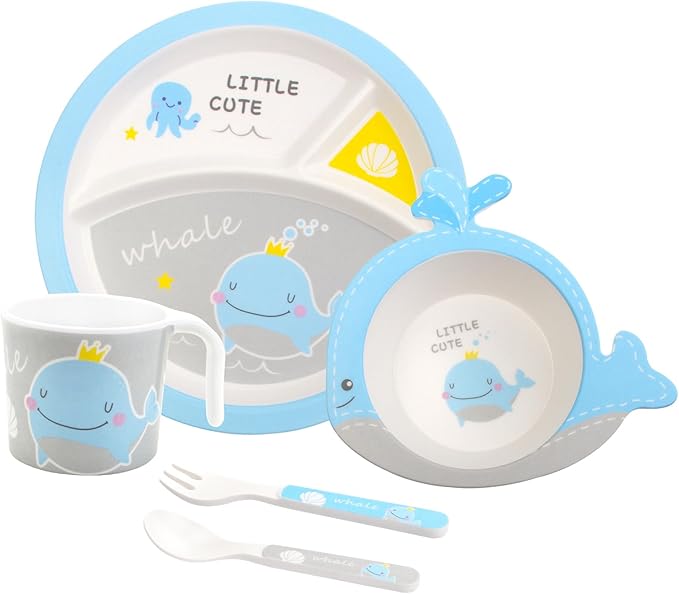 Kids Feeding Set 5 Pcs, Tableware Set for Toddlers Includes Plate Bowl Cup Fork and Spoon Utensil Flatware, Kids Flatware Set Dishwasher Safe, BPA Free (Whale)