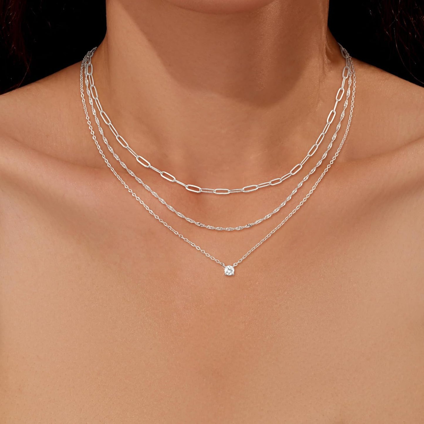 CHESKY Layered Necklaces for Women Trendy, Silver Plated Dainty Stacked Necklace Simple CZ Diamond Pendant Necklaces Waterproof Silver Necklace Stack Adjustable Cute Jewelry Set for Women