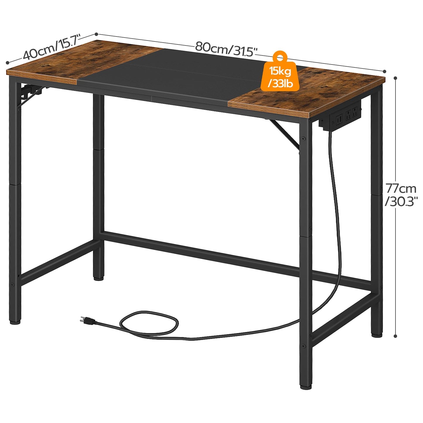 HOOBRO Computer Desk, Home Office Desk with Power Outlet, Modern Study Writing Desk with 3 Hooks for Study Room, Home Office, Sturdy and Stable, Easy to Assemble, Rustic Brown and Black BF40UDN01