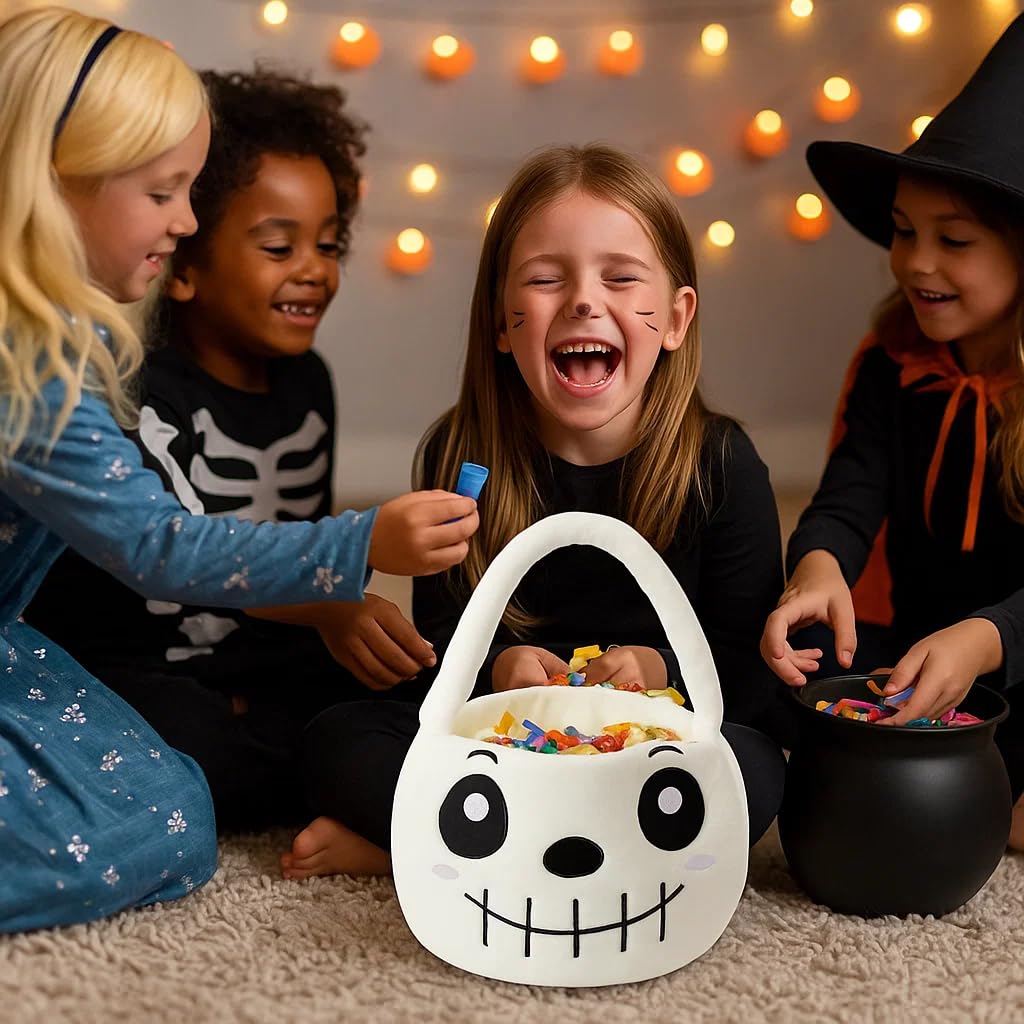 Ouksma Halloween Plush Treat Basket, Halloween Candy Basket, Trick-or-Treat Bag(White Skull)