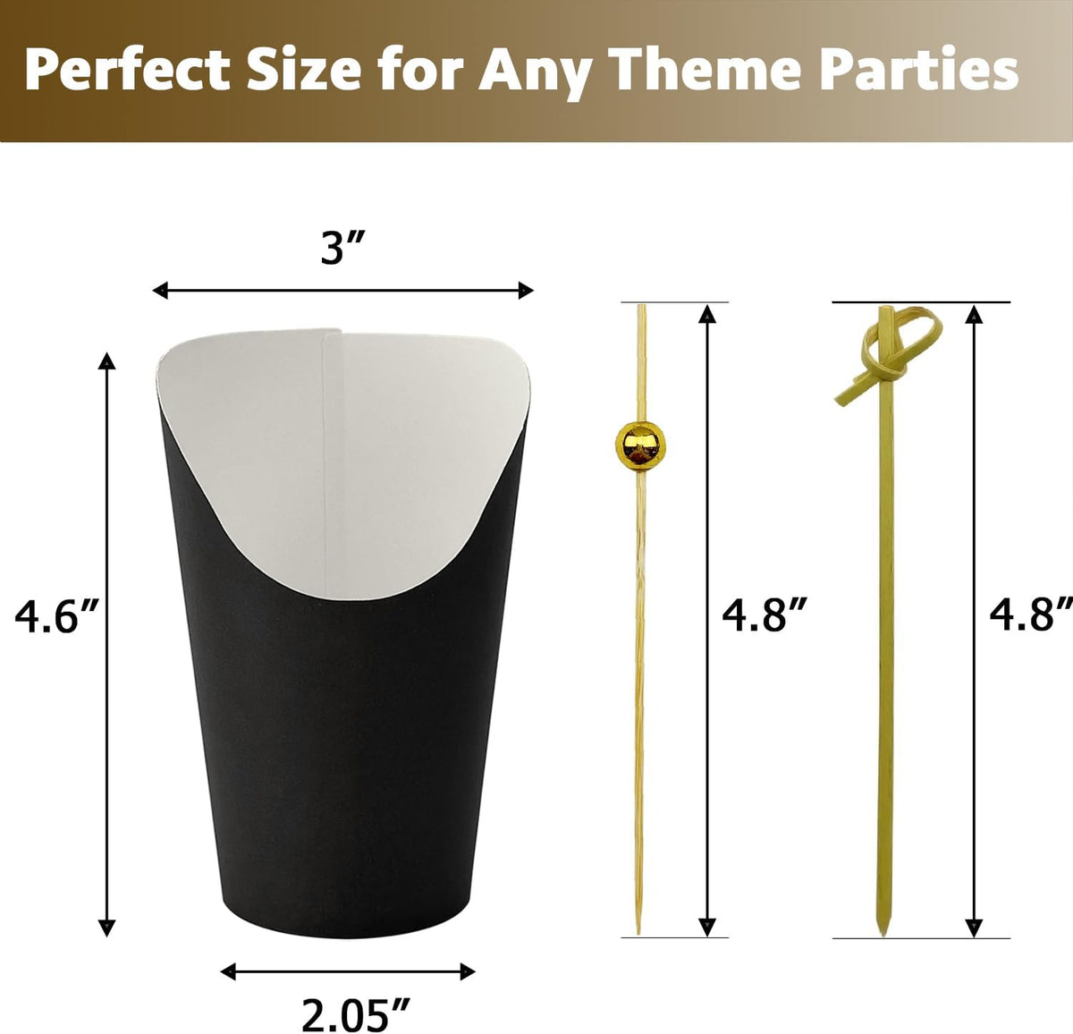 CAMKYDE 50 Charcuterie Cups + 200 Cocktail Picks + 56 Labels, 12 oz Disposable Charcuterie Cups with Sticks (2 Types), French Fry Cups Brown Paper Appetizer Cups for all Occasions（Black）