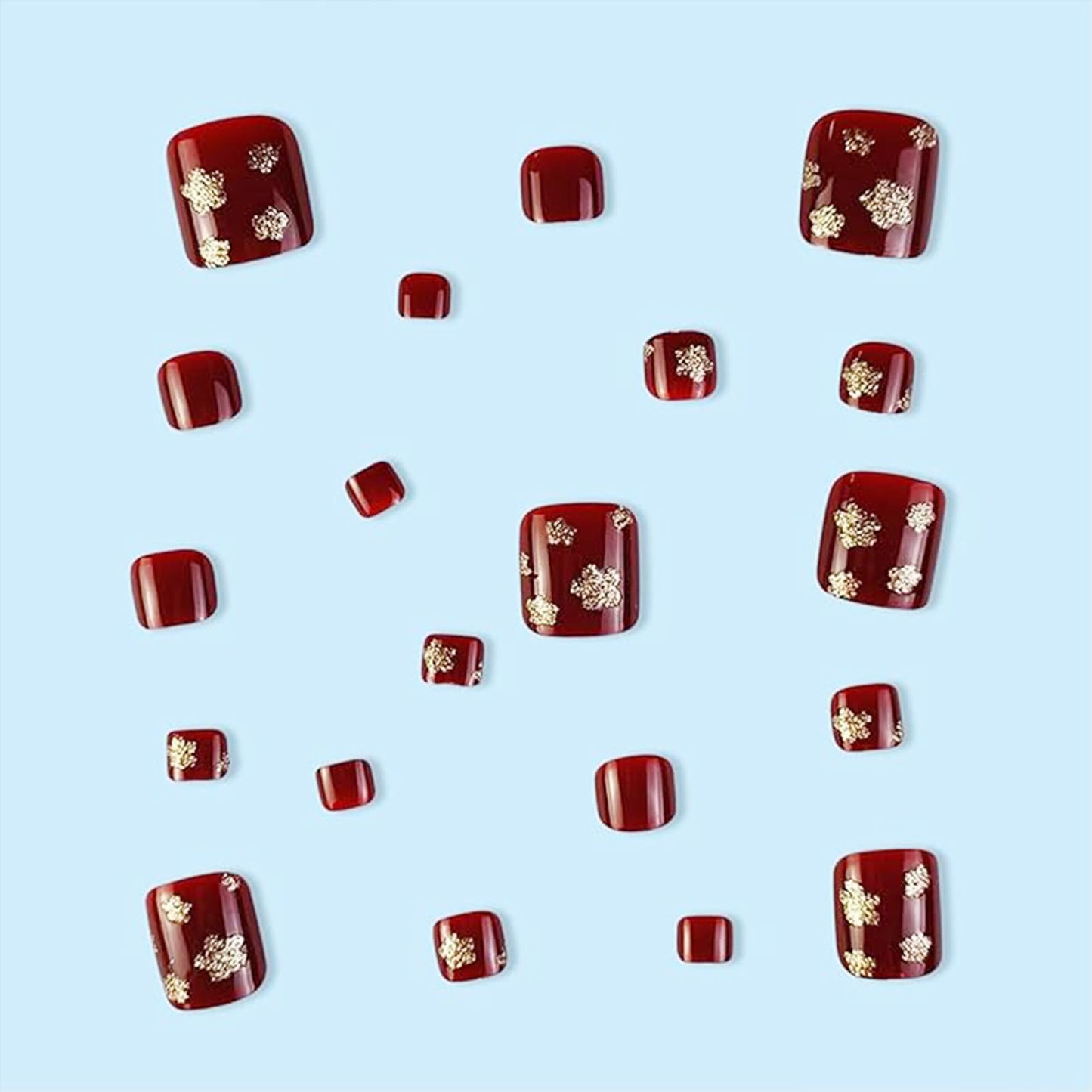 FJSMTOPl Red Press on Toenails With Flower Design - Glitter False Toe Nails, Full Cover Acrylic, Gold Glossy Tips - 24 Pcs
