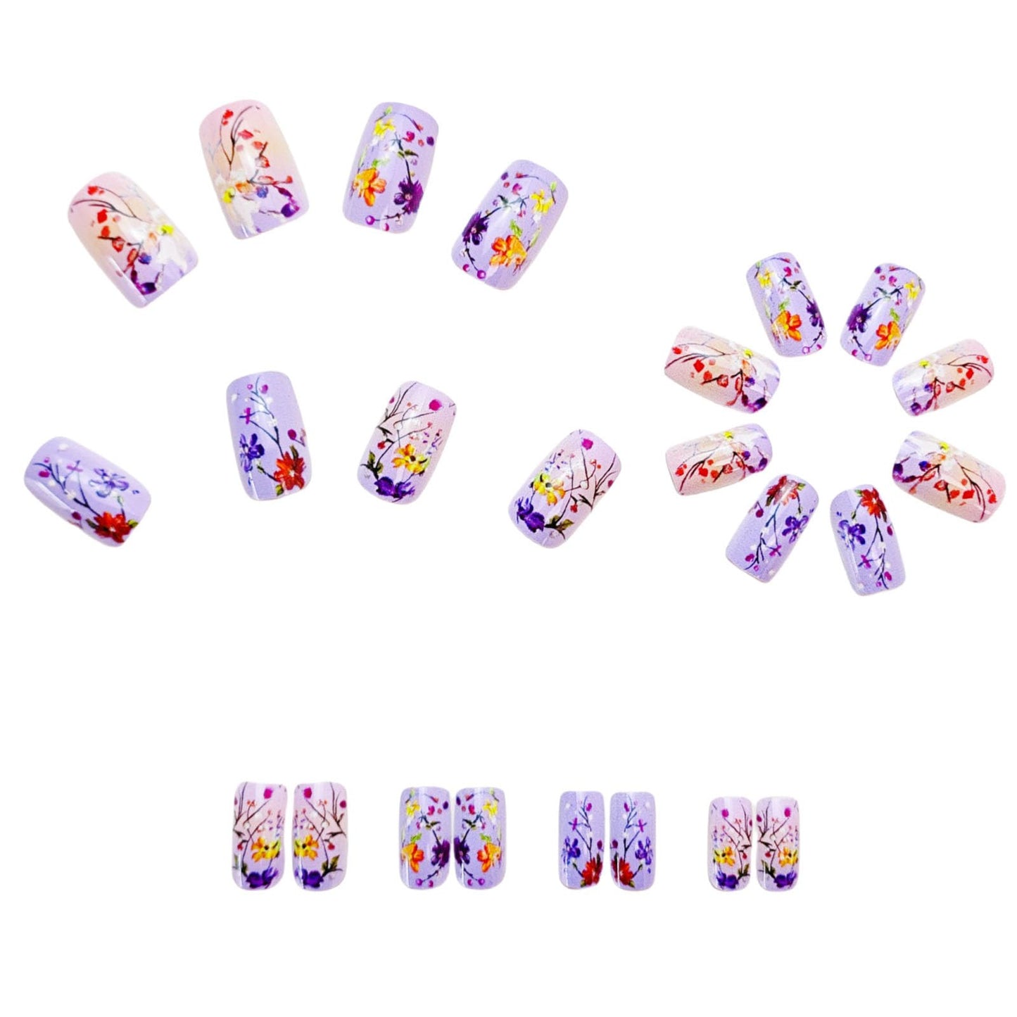 Summer Press on Nails Medium Square Fake Nails with Color Floral Designs Glossy Nails Press ons Purple Glue on Nails Spring Acrylic Nails Artificial Stick on Nails for Women 24Pcs