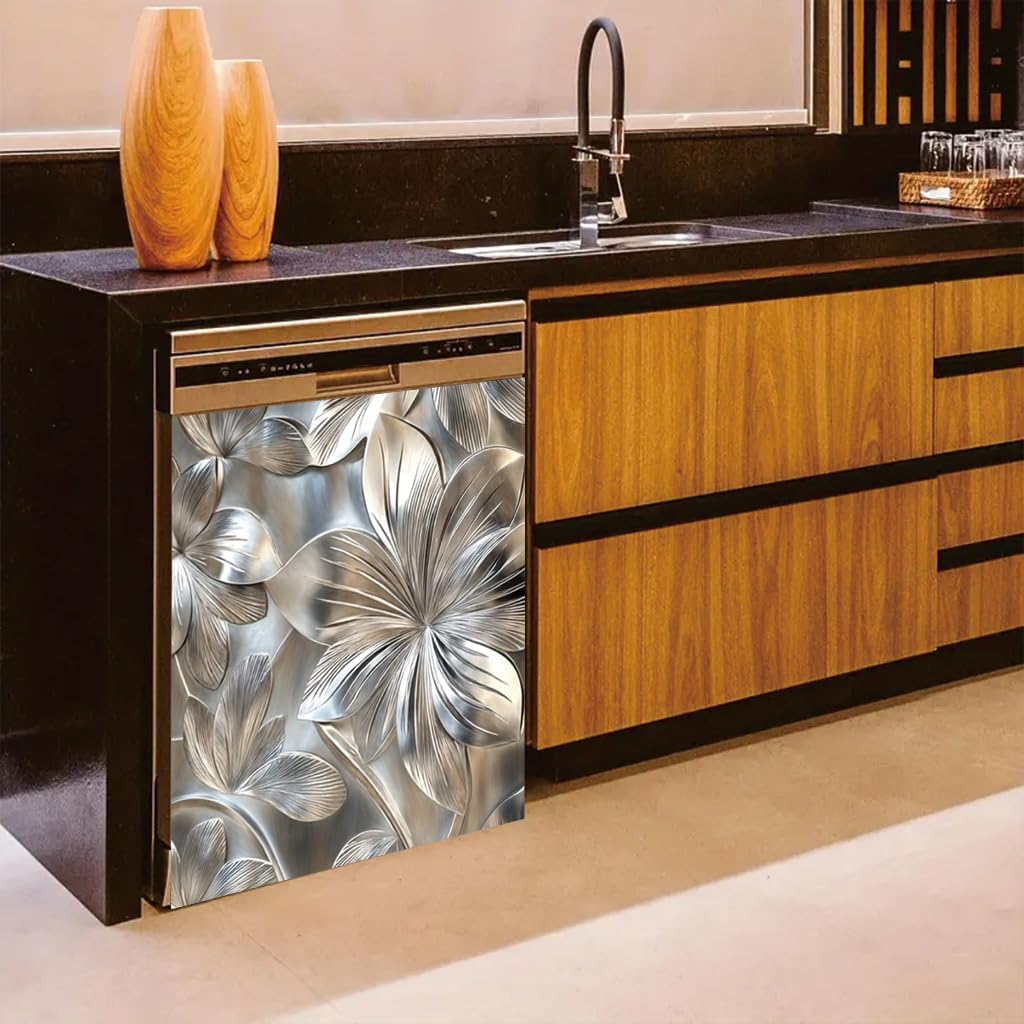 Tomhong 2D Flat Dishwasher Magnet Cover 23x26 Inch Silver Floral Kitchen Appliance Cover Decorative Front Removable Fridge Sticker Elegant Flower Art Kitchen Decor