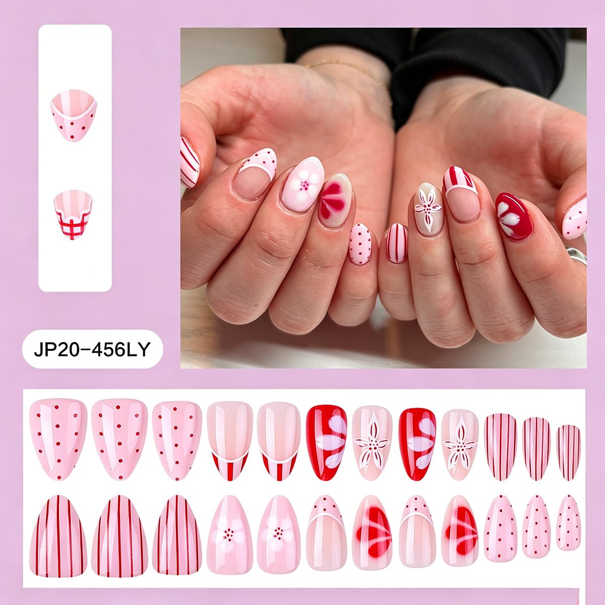 Short Almond Press on Nails Pink & Red Floral Mixed Print Fake Nails with Polka Dot & Stripes, Glossy Reusable Acrylic False Nails for Spring & Summer Daily Wear 24Pcs