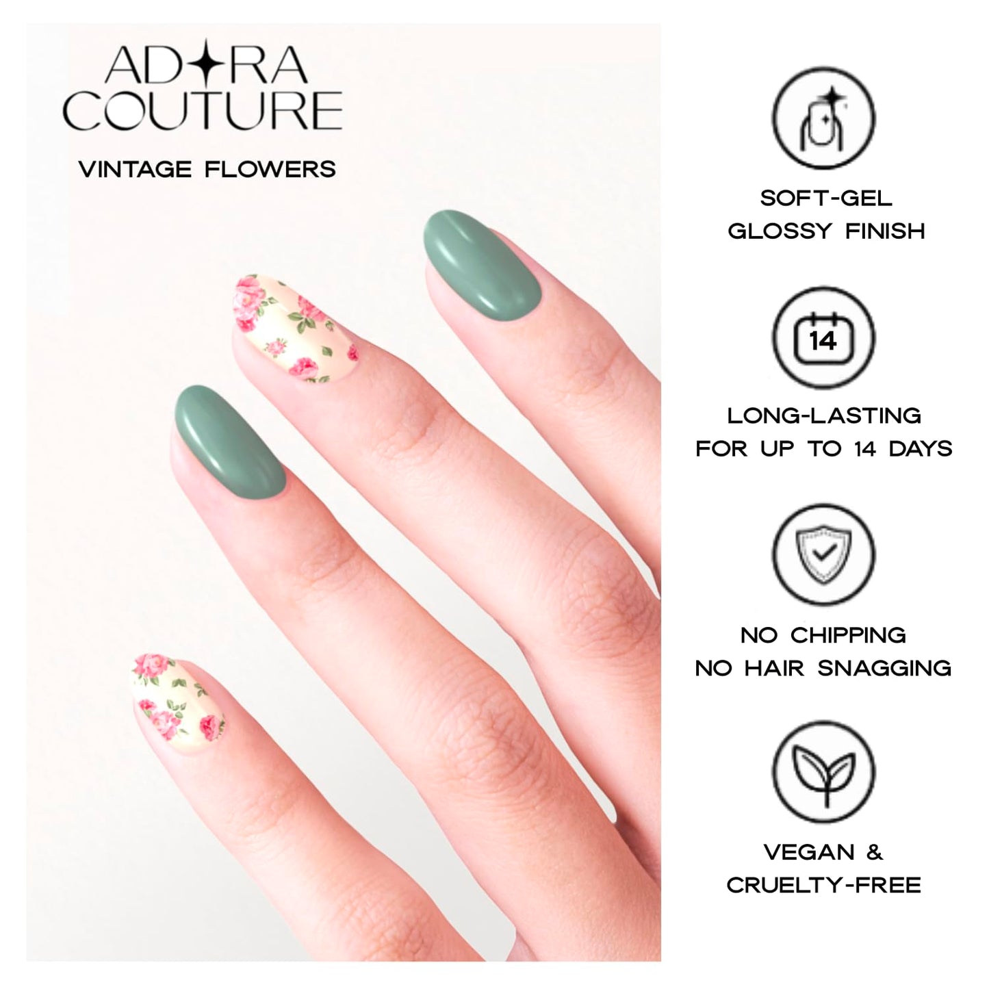 Adora Couture Semi Cured Gel Nail Strips with 30 Pieces - Salon Quality Manicure Kit for Women Easy Application Wraps Includes Prep Pads Nail File Wooden Stick, UV Light Required (M Vintage A)