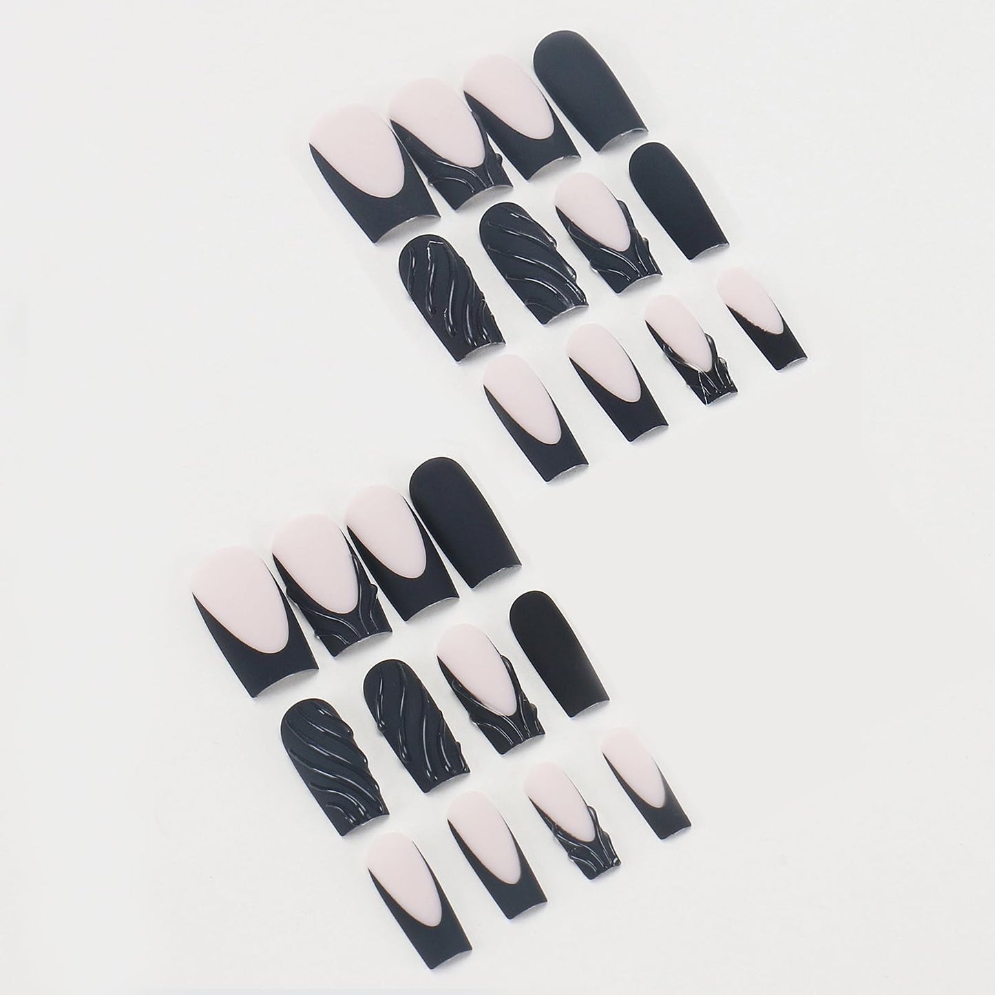 MISUD Press on Nails - Long Square Glue on Nails with Matte Black French Tip, Acrylic Handmade 3D Gel Design 24 pcs