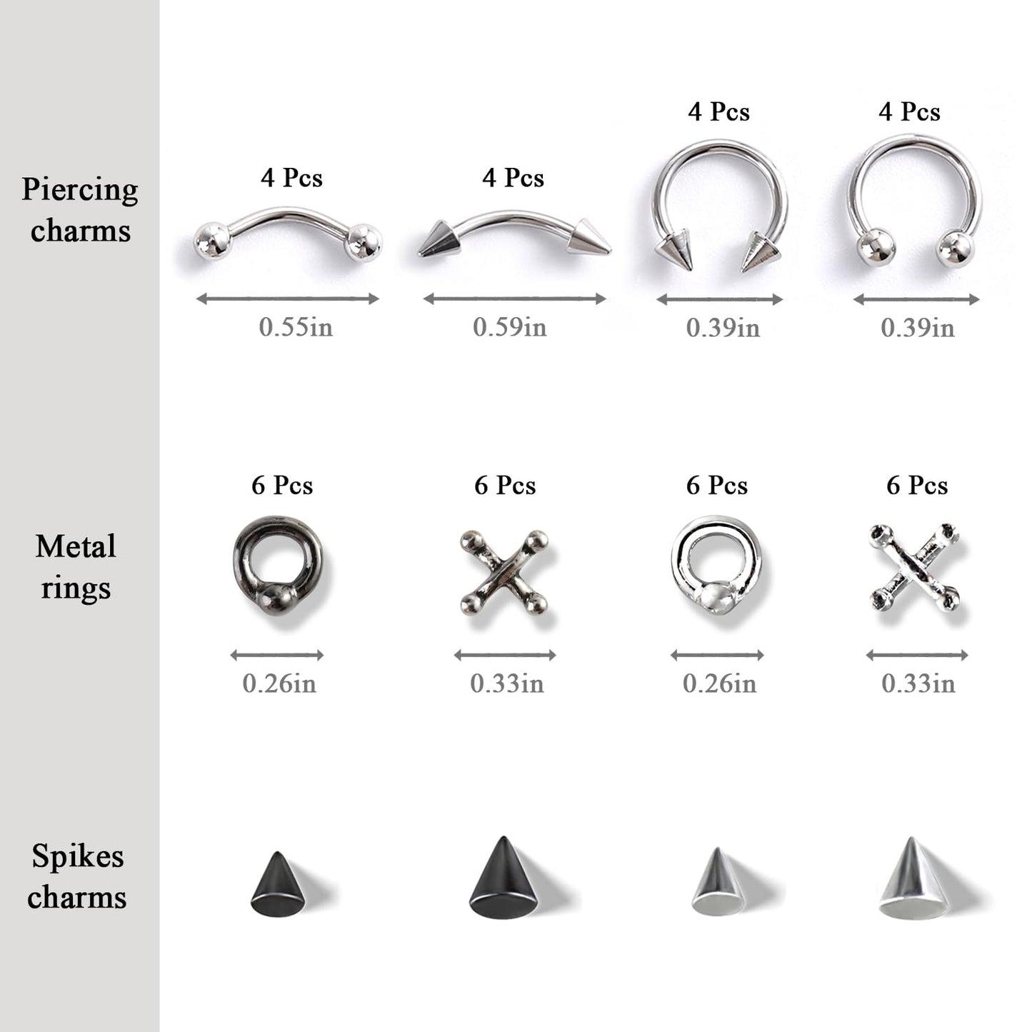Furtherpretty Gothic Nail Charms Set, 3D Black & Silver Piercing Nail Charms with Metal Rings, Triangle Spikes & Rivet Studs for Nails, Y2K Punk Goth Nail Art Decorations Accessories with Tweezers
