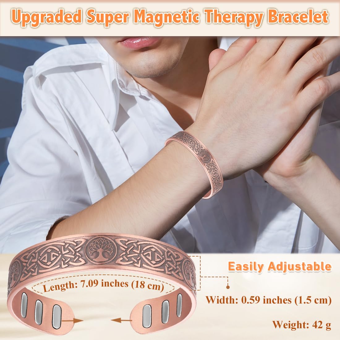 Cigmag Copper Bracelet for Men, with Powerful 9X 5000 Gauss Magnets, Adjustable Solid Pure Copper (Celtic Lotus Life Tree)