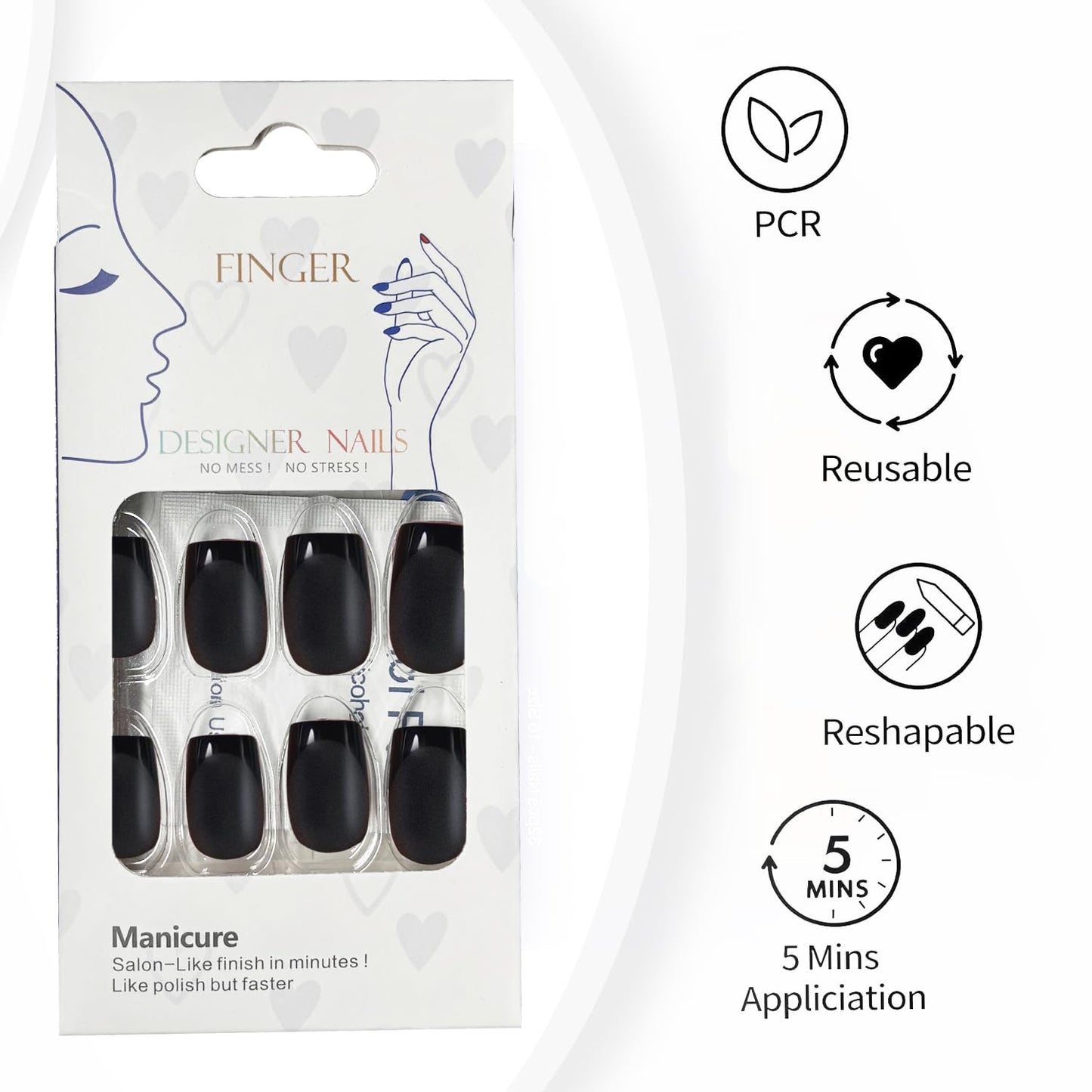Black Press on Nails Short Square - Black Nails with Glossy French Tips in a Matte Finish, Soft Gel Fake Nails Glue On Nails in 16 Size - 32PCS Soft Gel Glue On Nails Kit