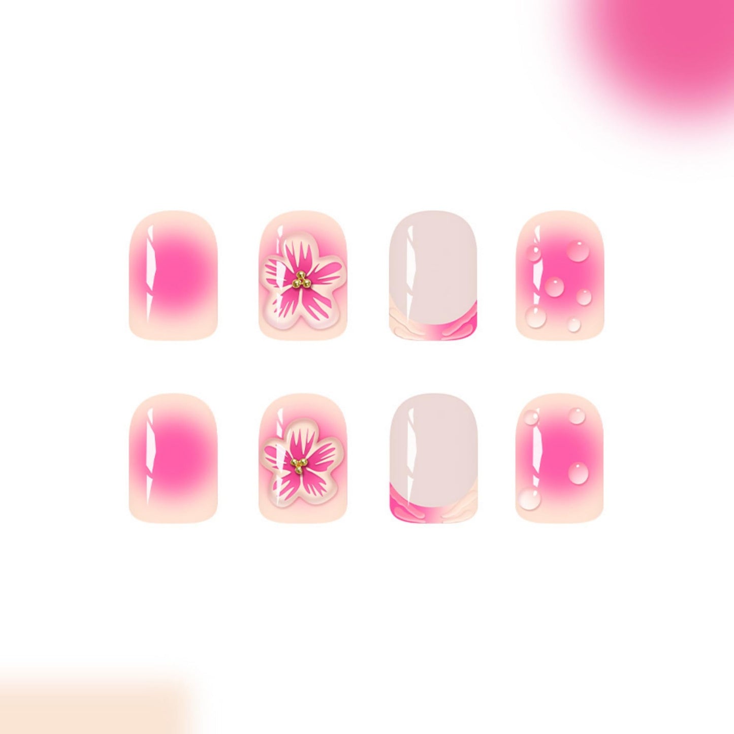 Short Press on Nails Square Fake Nails Pink Acrylic Nail Press Ons Seeneey 3D Flowers Designs Cute Stick on Nail for Women 24pcs