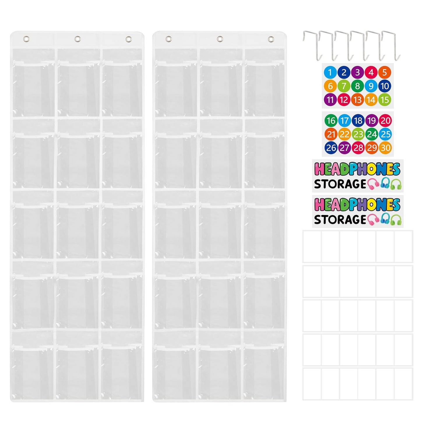 Olpchee 2 Pack Classroom Headphone Storage Organizer with 30 Pockets, PVC Clear Classroom Pocket Chart for Headphone Cell Phone Over-the-Door Hanging Headphone Holder Bag with 62 Labels(White)