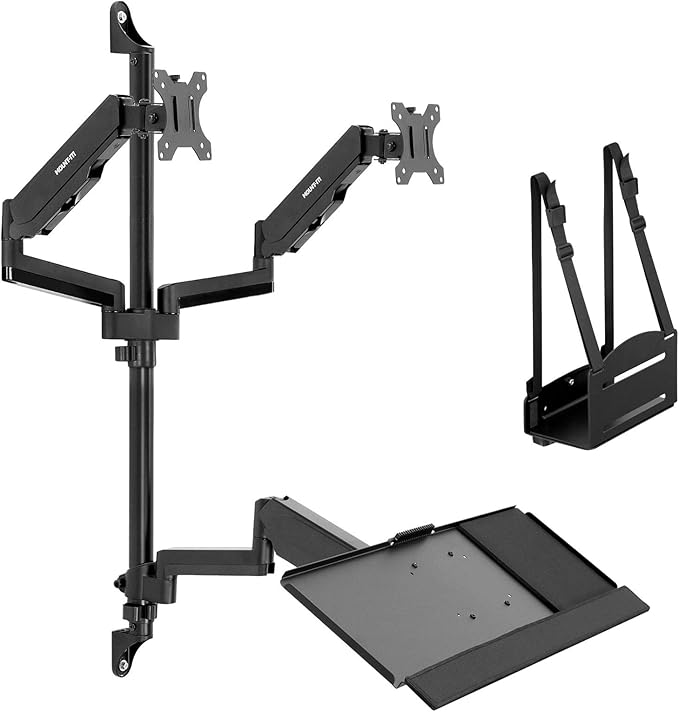 Mount-It! Wall Mount Workstation with Dual Monitor Mount, Keyboard Tray and CPU Holder, Height Adjustable Full Motion Arms, Fits Two 32 Inch Computer Screens
