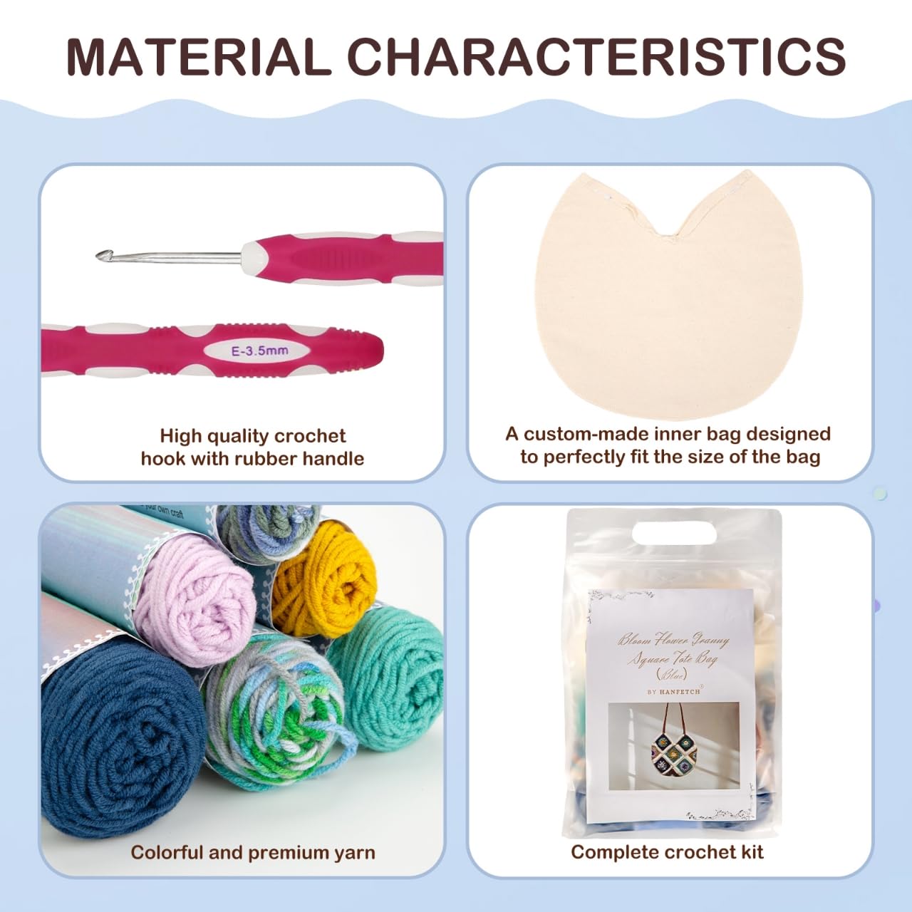 Hanfetch Crochet Kit for Advanced or Intermediate Beginner, Step by Step Video Tutorial and Detailed Guide Instruction DIY Craft Supplies for Adult and Kid with Complete Kit for Granny Square Tote Bag