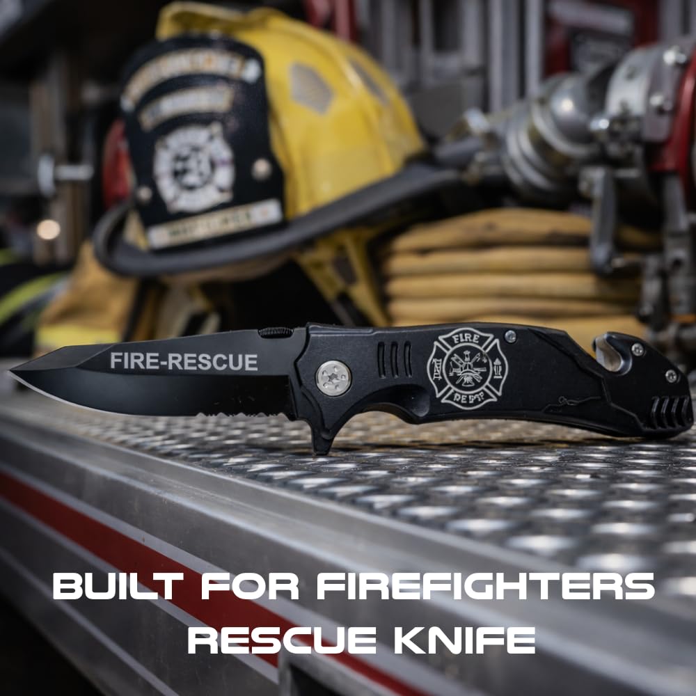 Black Firefighter Rescue Knife – Emergency Window Breaker, Seatbelt Cutter, Combo Edge Blade – Firefighter Tools & Firefighter Gifts for Men – Tactical Firefighter Knife with Belt Clip