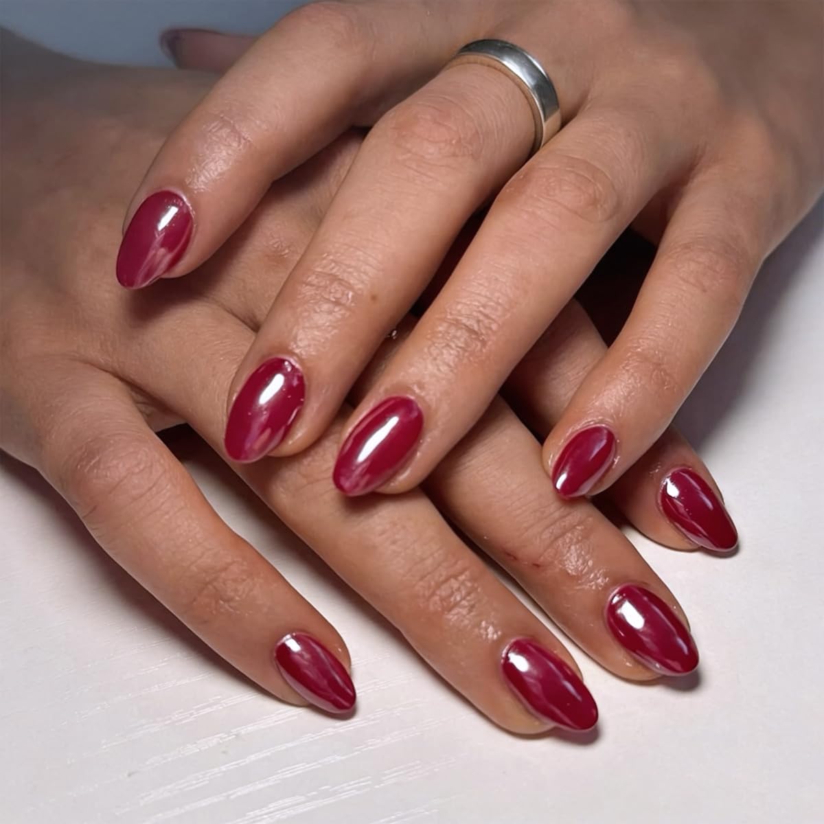 Cherry Chrome Press on Nails Short Oval Fake Nails Red Nails Press ons with Mirror Chrome Design,Reusable & Easy Apply Full Cover Stick on Nails for Women Manicure 32Pcs