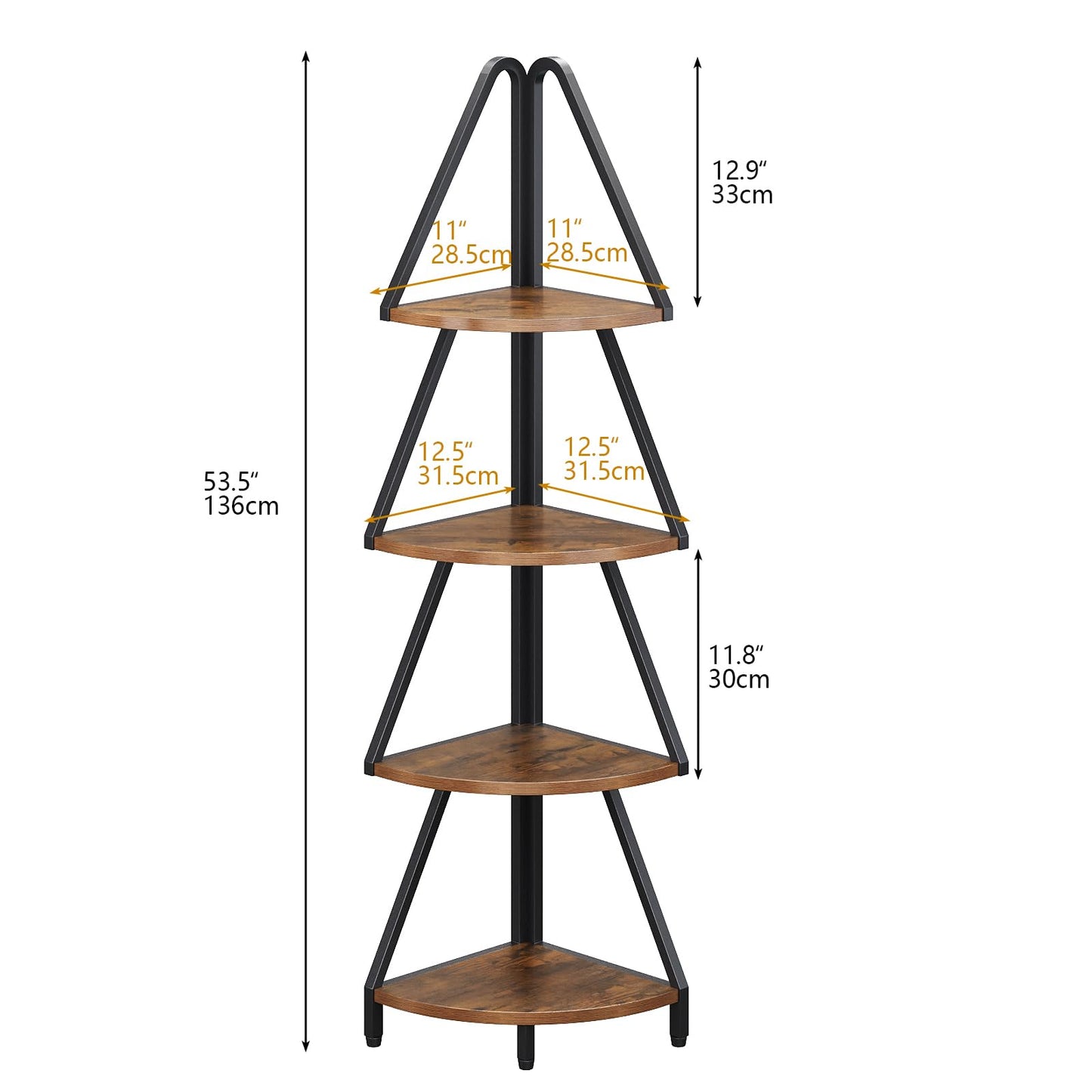 Espelism 4-Tier Corner Shelf Stand, 53.1” Tall Industrial Standing Display Shelf Storage Rack,Narrow Plant Stand,Tree Design Corner Bookshelf for Living Room, Bedroom, Office (Brown, 4-Tier)