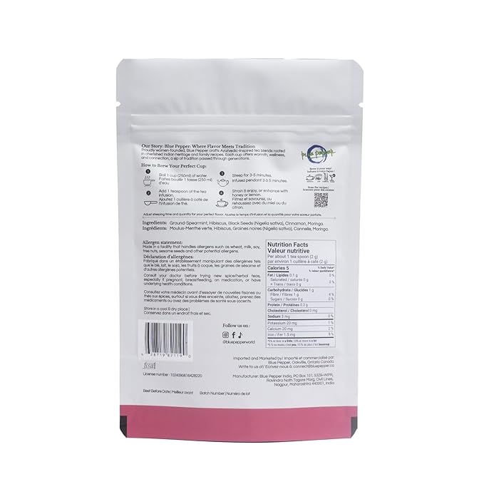 Blue Pepper Hibiscus Tea Infusion | Hibiscus, Mint, Black Seeds, Cinnamon & Moringa | Caffeine-Free Natural Beverage