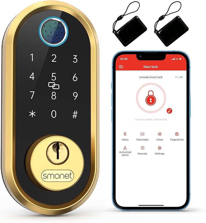 Smart Lock SMONET Bluetooth Keyless Entry Keypad Smart Deadbolt-Fingerprint Electronic Deadbolt Lock, Remote Ekeys Sharing, Easy to Install for Homes and Hotel Works with Alexa(Gateway Not Included)
