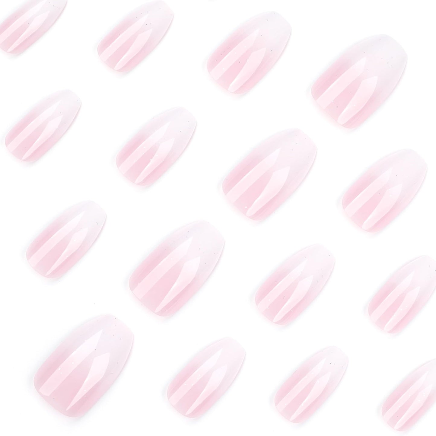 RUOKEXIN Coffin Press on Nails Medium Fake Nails Pink White Ombre False Nails with Designs Sparkly Artificial Nails Medium Glue on Nails Coffin Nail Press ons Cute Stick on Nails for Women 24Pcs