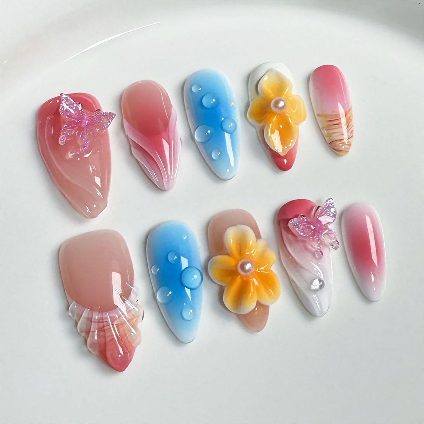 Luxury Press on Nails Medium Almond Handmade 3D Unique Reusable ABS Material Fake Nails Pink&Blue False Nails with Designs Butterfly Yellow Flower Art Petal Glossy Thick Acrylic Nails(S)