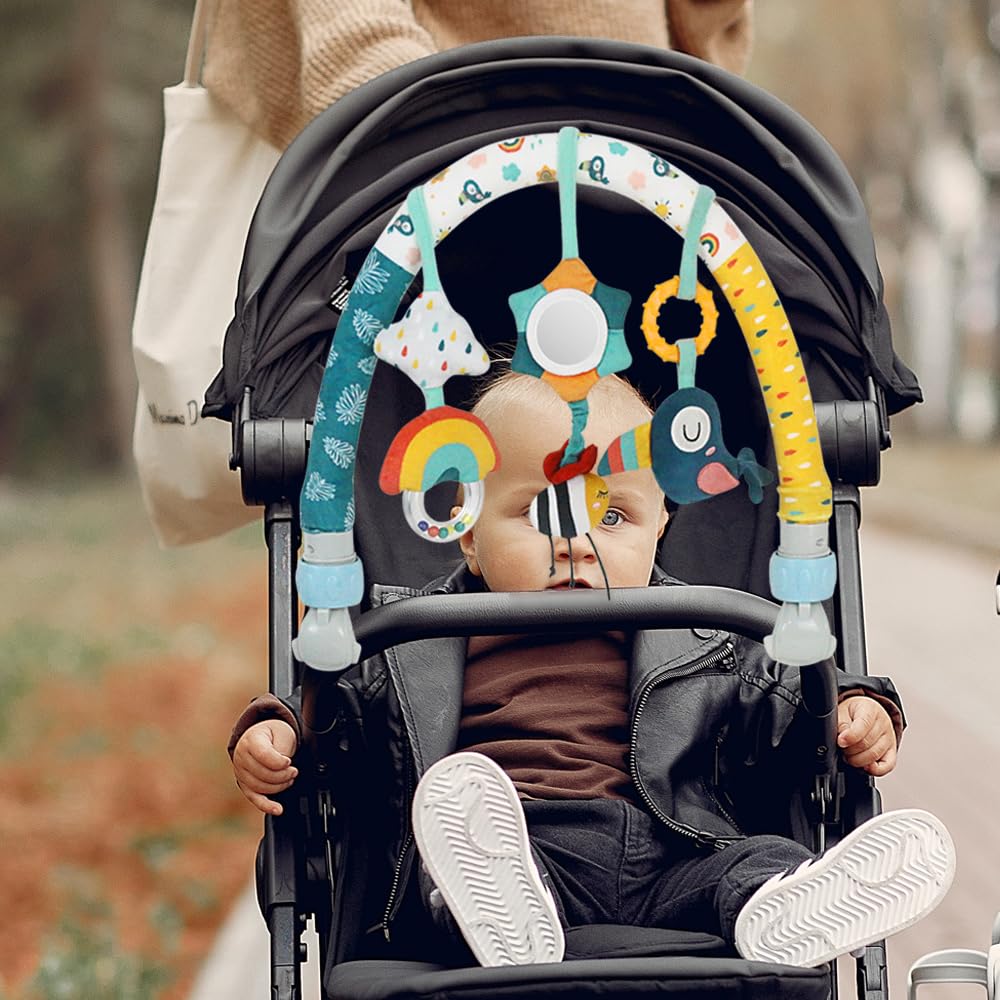 Caterbee Baby Bouncer Toy bar, Stroller & Crib Accessory, Pram Activity Bar Toy Travel Arch Bassinet Toys for Toddlers (Sky)