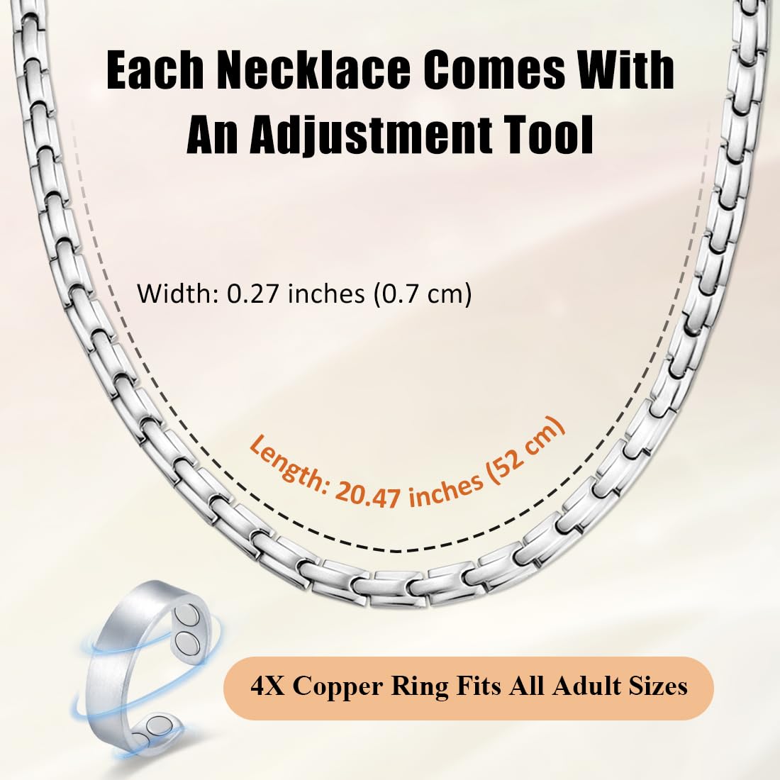 Vicmag Magnetic Titanium Necklace for Men & Women, Titanium Necklace Set with 4X Ultra Strength Magnets Ring, Adjustable Chain & Sizing Tool(Silver)