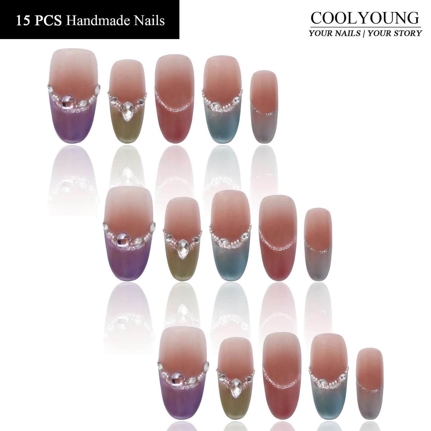 Handmade Press On Nails Short Almond Reusable Press On Nails Women Gifts French Rainbow Nails COOLYOUNG Handmade Nails, 15 PCS, Size M