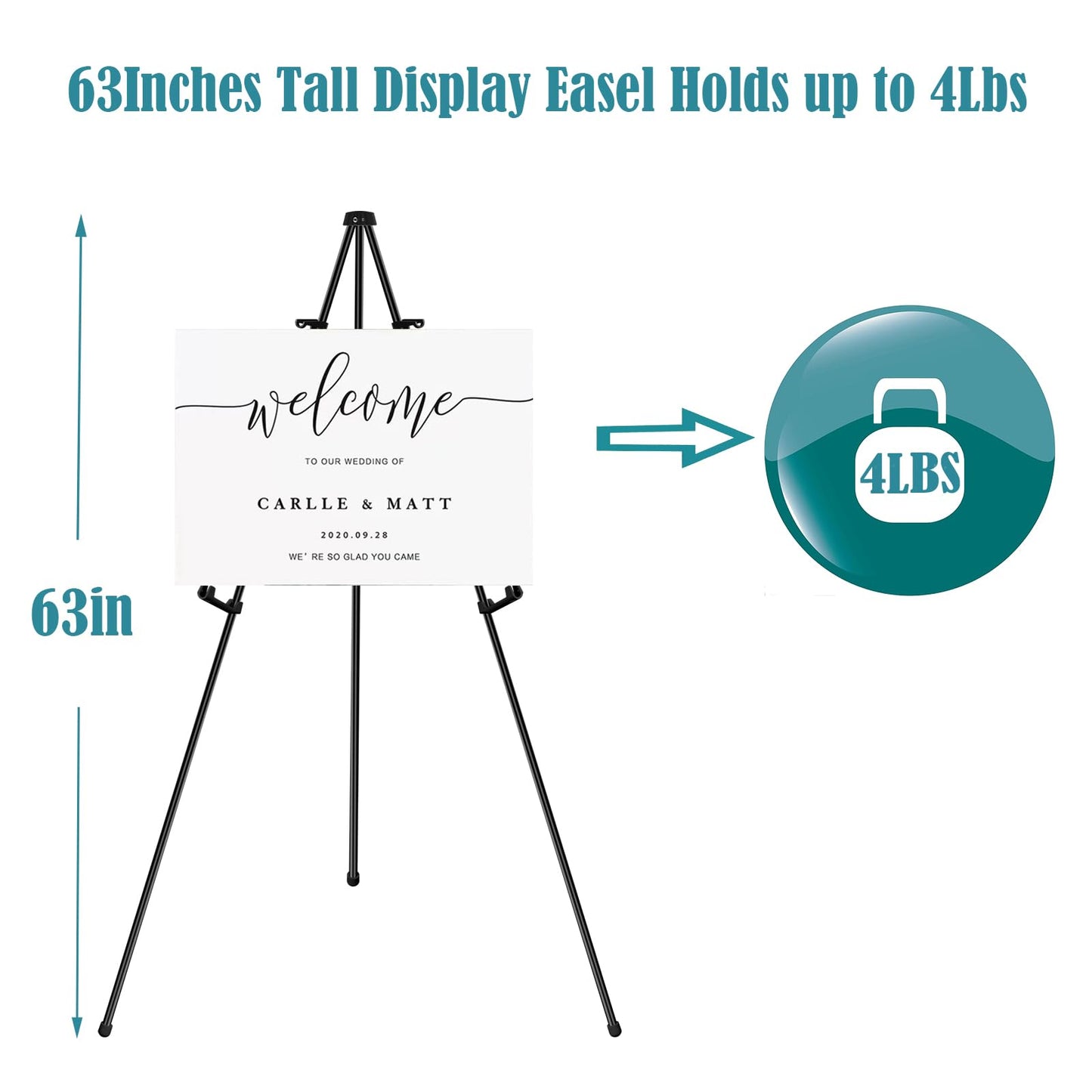 63" Easel Stand for Wedding Sign - Adjustable Easels for Display Painting Canvas - Metal Floor Easels with Portable Bag Fit for Lobby,Exhibition,Holds 4lbs,2Pack