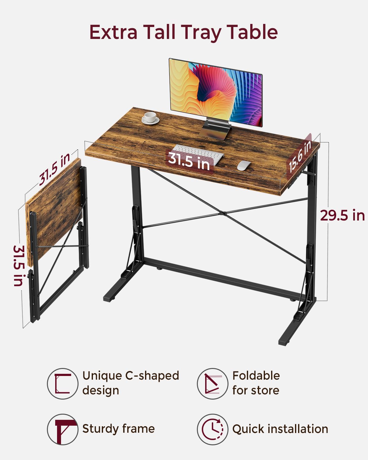 Vantic 31.5" Folding Desk, Foldable TV Tray Table for Eating on Couch, Extra Large TV Dinner Trays, Portable Fold Computer Writing Desk Table for Home Office, Rustic Brown