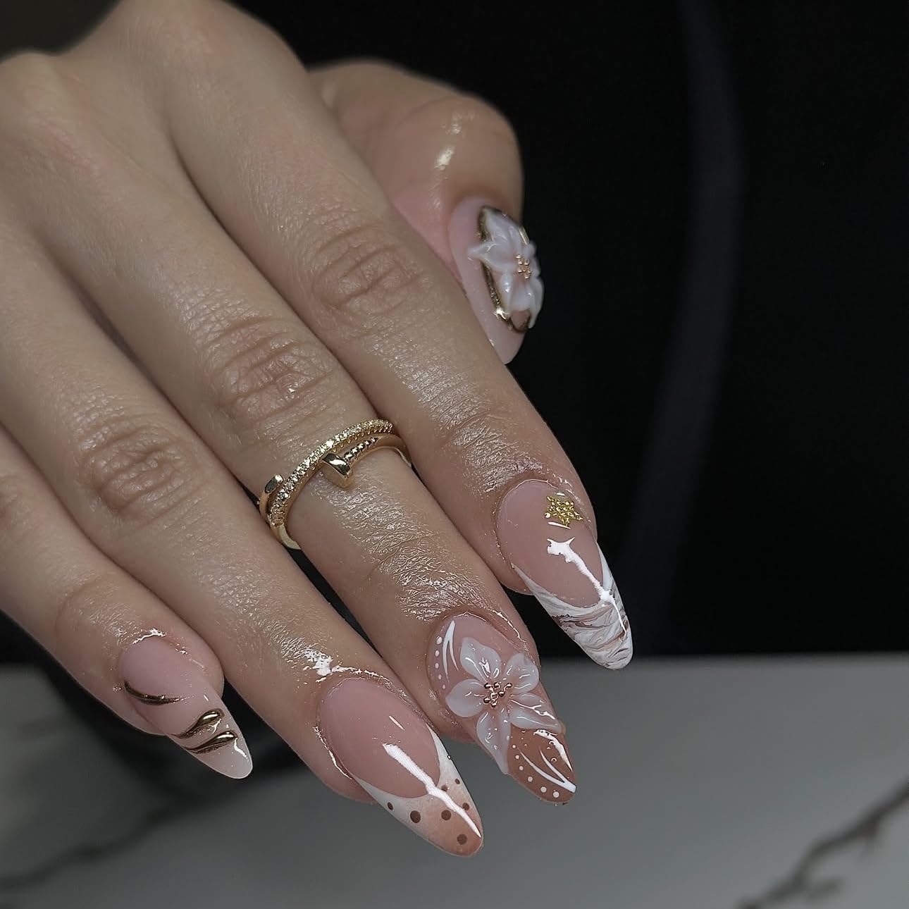 plalely Long Press on Nails Almond, Acrylic Press on Nails with Flower Designs, Long Almond Nail Tips for Women 24pcs