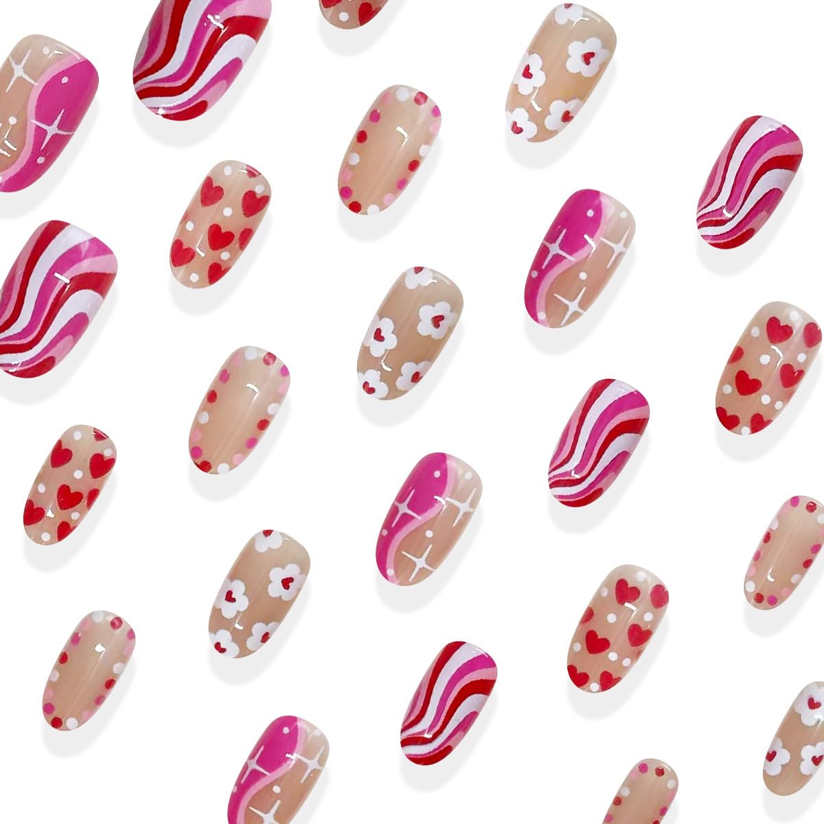 30Pcs Valentines Press on Nails Short Oval Fake Nails with Color Blocking Stripe Heart Flower Designs Cute Pink False Nails Romantic Holiday Artificial Stick on False Nail for Women DIY Manicure Salon