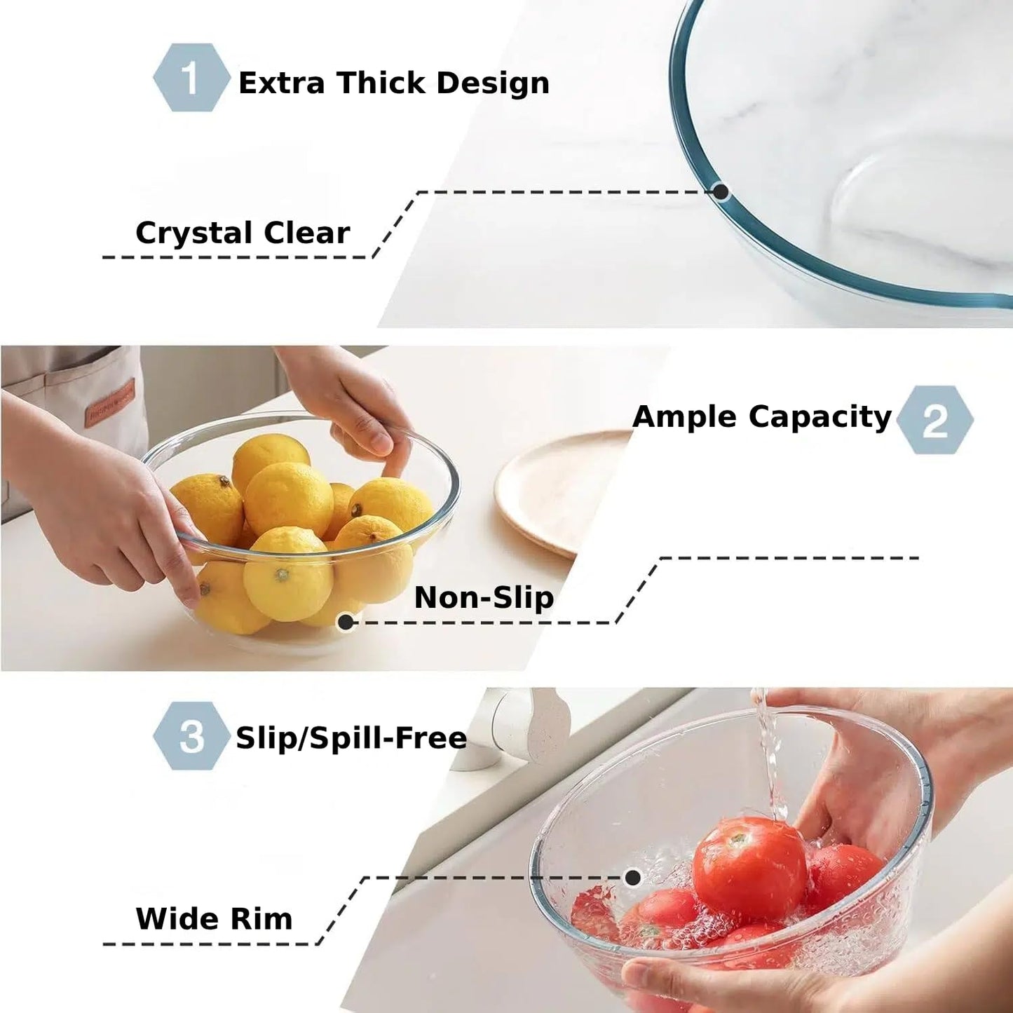 Cuiselect 3pc Glass Mixing Bowls Sets (1.64QT, 1.16QT, 0.85QT), Nesting Mixing Bowls for Cooking Prep, Baking, Storage, Large Salad Bowls Sets-Dishwasher Microwave Freezer Safe