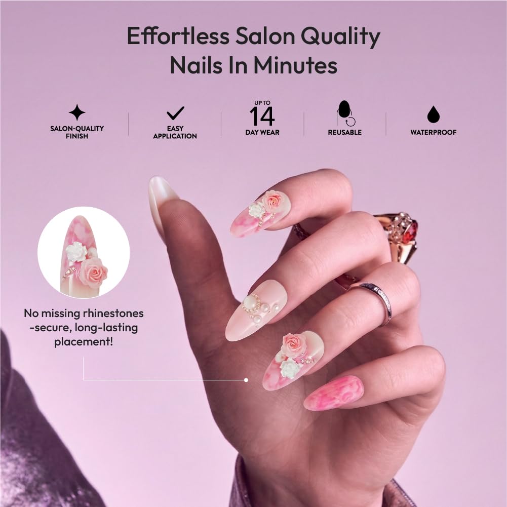 Glitzy 3D Handmade Press On Nail Kit, Rhinestone Gem Cloudy Pink Rose Long Almond False Nail, Reusable & Lasts Up To 2 Weeks, Seamless Snug Fit Technology, Includes Glue, File & 28Pcs Manicure Set