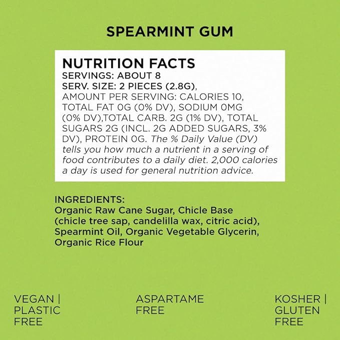 SIMPLY Gum Spearmint, Plastic-Free Natural Chewing Gum, 6 Pack (90 Pieces) | Vegan, Kosher, Non GMO, Aspartame Free and Sorbitol Free