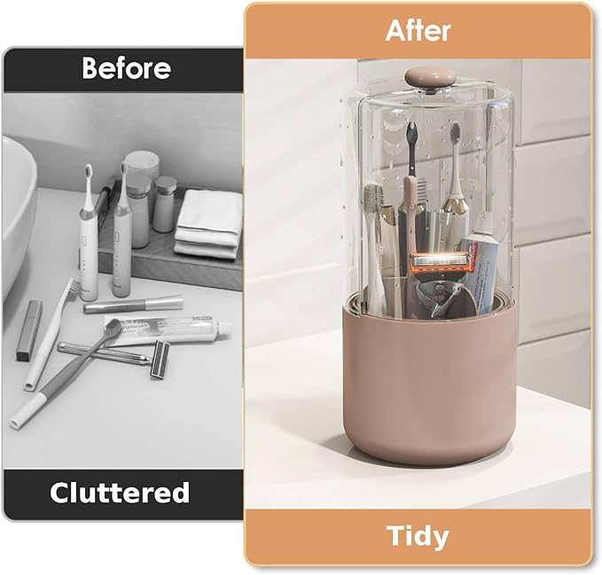 Toothbrush Holder with Cover 360 Rotating 4 Compartments Bathroom Toothpaste Electric Toothbrush Organizer, Pink