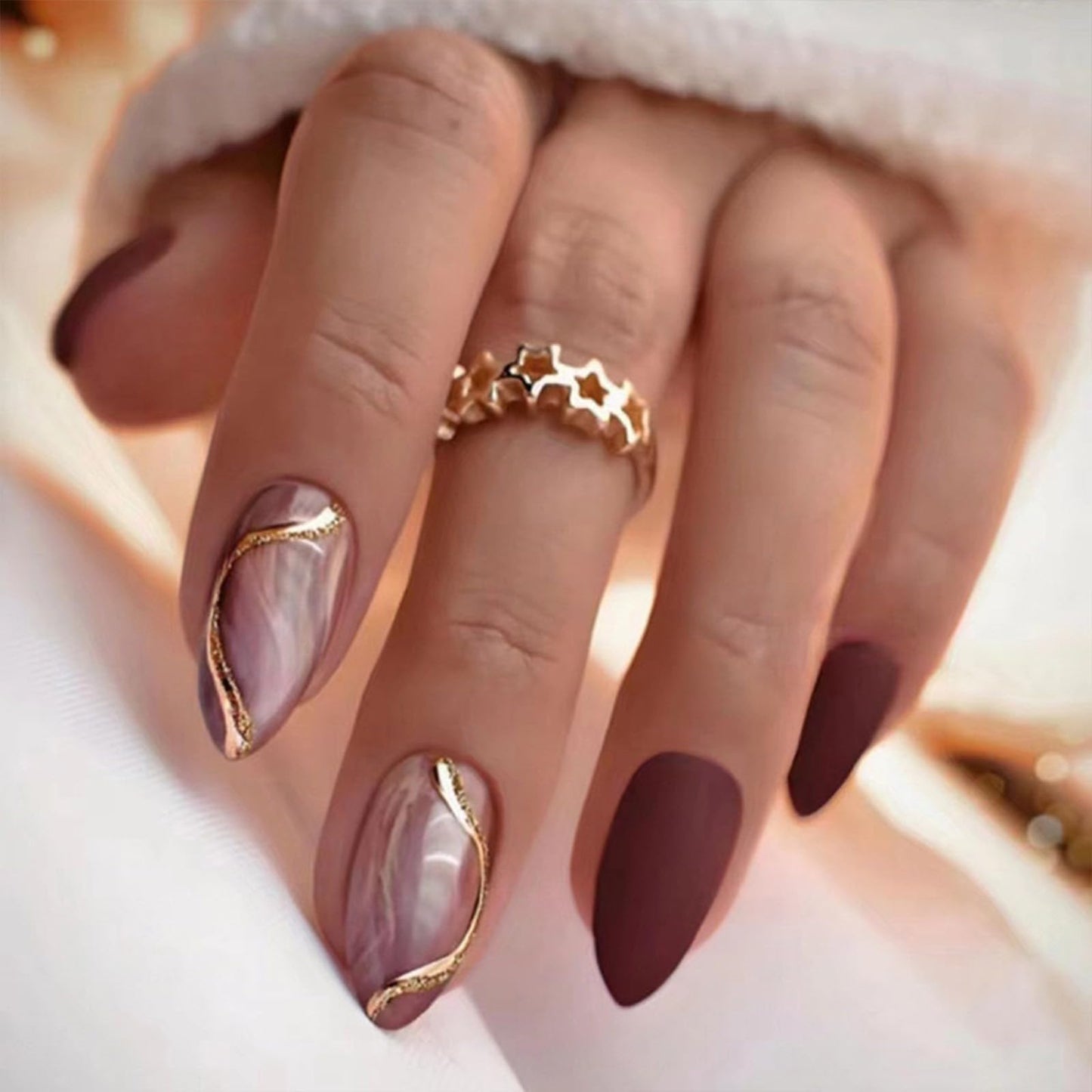 Almond Press on Nails Medium Fake Nails with Designs Marble Texture False Nails Press ons Reddish Brown Matte Glue on Nail Acrylic Full Cover Nail Artificial Stick on Nails for Women 24PCS