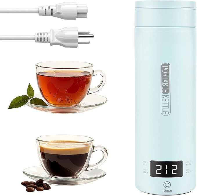Portable Electric Kettle for Travel, Small Hot Water Kettle with NTC Temperature Control and Auto Shut-Off, 316 Stainless Steel, Blue 110V & 15oz